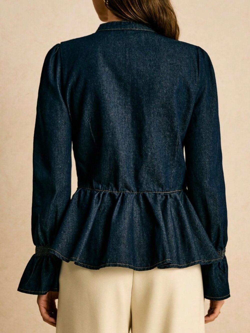 Dark Wash Elegant Women's Darin Collar Pleated Western Blouses Denim Tops - Picture 3 of 6
